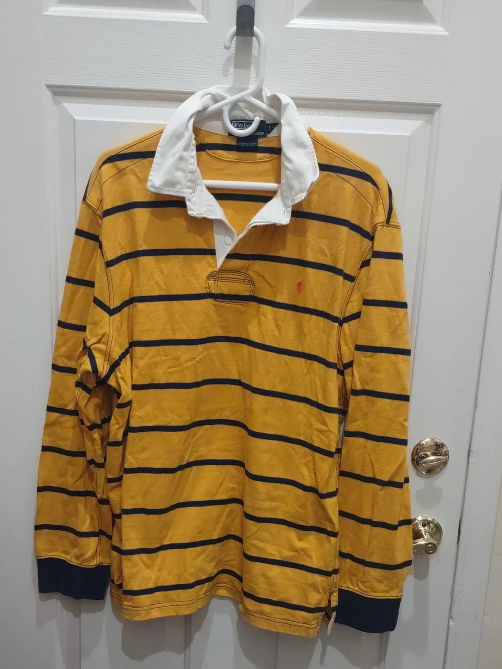 Ralph Lauren Men’s Yellow and Navy Striped Rugby Polo